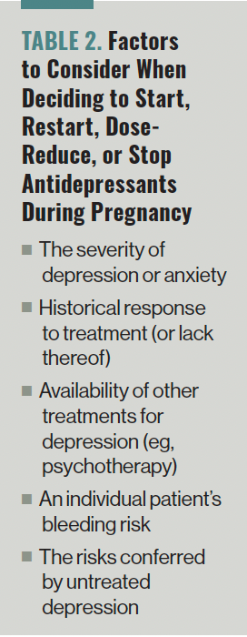 TABLE 2. Factors to Consider When Deciding to Start, Restart, Dose- Reduce, or Stop Antidepressants During Pregnancy