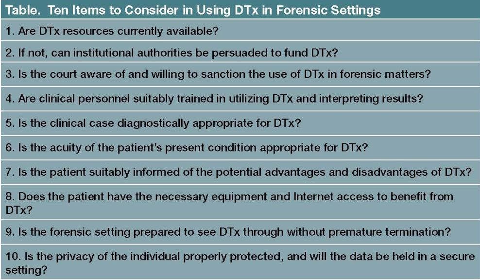 Ten Items to Consider in Using DTx in Forensic Settings