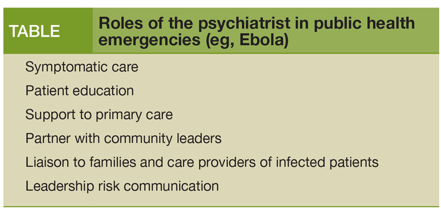 Roles of the psychiatrist in public health emergencies (eg, Ebola)