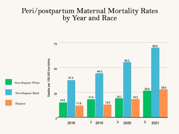 Figure. Peri/postpartum Maternal Mortality Rates by Year and Race