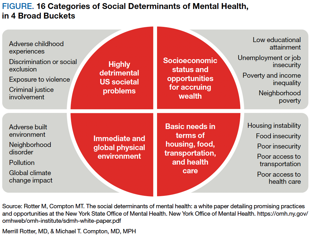 16 Categories of Social Determinants of Mental Health, in 4 Broad Buckets