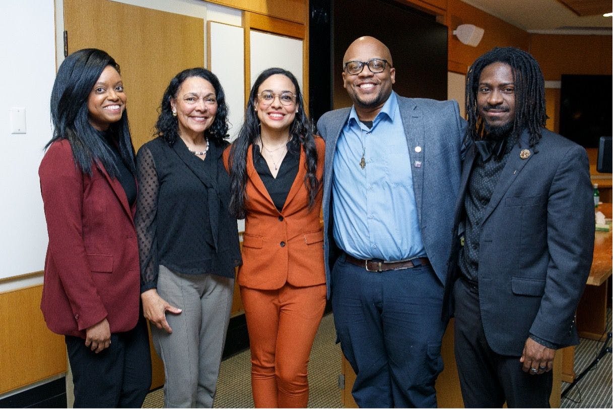 Copresenters and expert discussants at the February 28, 2024, presentation. From left to right: Onyi Okeke, MD; Joelle Calhoun, PharmD; Amanda Calhoun, MD (Director of the case series); Akeem Marsh, MD; and AZA Allsop, MD, PhD. Photo by: Anthony DeCarlo.