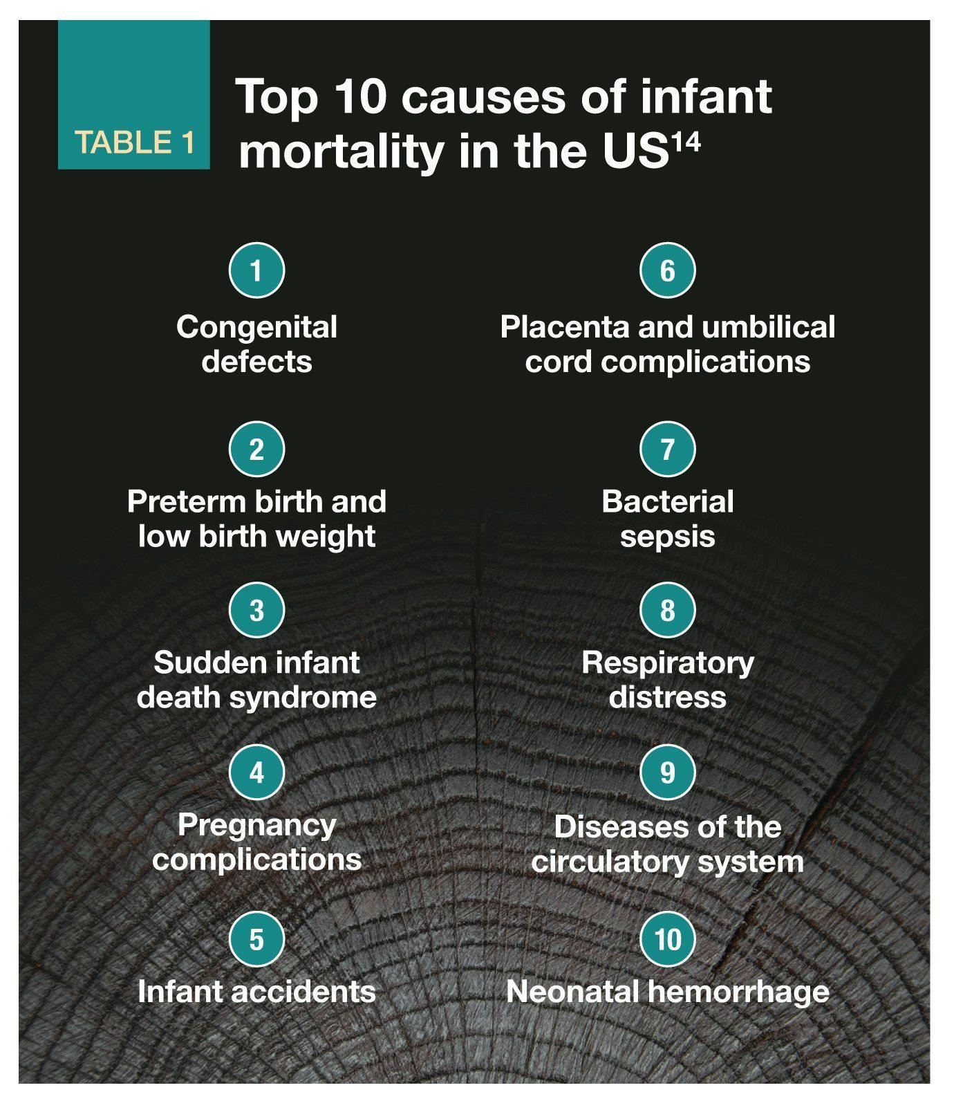 Top 10 causes of infant mortality in the US