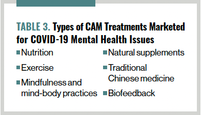 TABLE 3. Types of CAM Treatments Marketed for COVID-19 Mental Health Issues